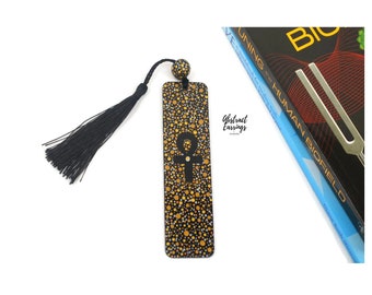 Custom Wooden Ankh Bookmark - Hand Painted Book Mark - Unique Ankh Accessories - Ancient Egypt Pointillism Dot Art - Kemetic Gift for Reader