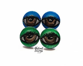 Hand Painted Eye Stud Post Earrings: Original Art Earring Studs, 2 Pairs
