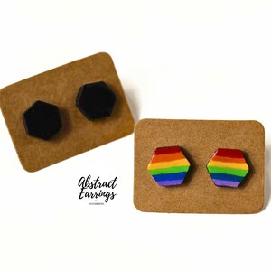 Hexagon Stud Earring Set: Rainbow & Black Wooden Stud, Hypoallergenic Post Earrings