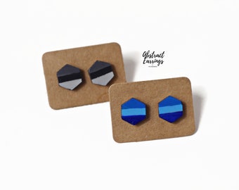 2 Pairs Hexagon Stud Earrings - 10mm Wooden Geometric Studs - Hand Painted Jewelry - Unisex Jewelry Gift Set - Hypoallergenic Post Earrings