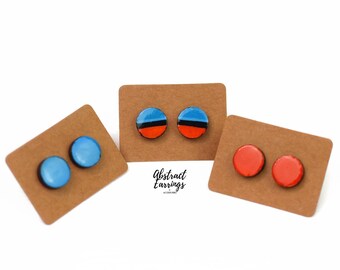 Colorful Abstract Art Studs: Hand Painted Wooden Earrings, Titanium Posts (3 Pairs)