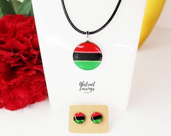 Pan African Diaspora Jewelry Set - Stud Earrings & Pendant Necklace - Hand Painted Wood Jewelry - Unisex Jewelry Gift - Juneteenth Fashion