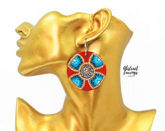 Hand Painted Red Mandala Earrings: Circle Abstract Art Dangles - Pointillism Wooden Star burst Flower Jewelry