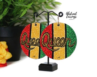 Queen Art Earrings - Kwanzaa Holiday Earrings - Afrocentric Pan African Earrings - Hand Drawn Queen Earrings - Gift for Her Woman Mom