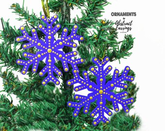 2 Cobalt Blue Snowflake Ornaments - Hand Painted Wooden Holiday Decoration