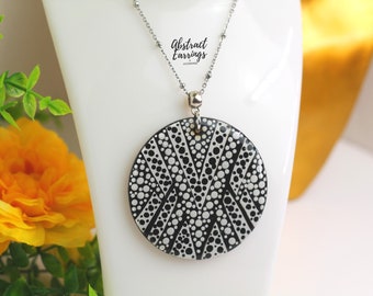 Black White Dot Pendant Necklace - Abstract Hand Painted Jewelry - Large Wooden Resin Charm - Dot Stripe Patter Art