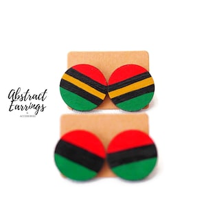 2 Pairs Pan African Studs - Stud Earring Gift Set - Large Wooden Studs - Unisex Studs For Men Women - Circle Hand Painted Earrings