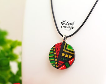 Hand Painted Afrocentric Pendant Necklace - Unisex Circle Wooden Charm - Unique One of a Kind African Fashion Accessories - Abstract Art