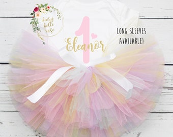 Personalised 1st Birthday Outfit, Baby Girls Outfit, First Birthday Outfit, Colourful Tutu Outfit, Pastel Rainbow, Cake Smash Girl, Raglan