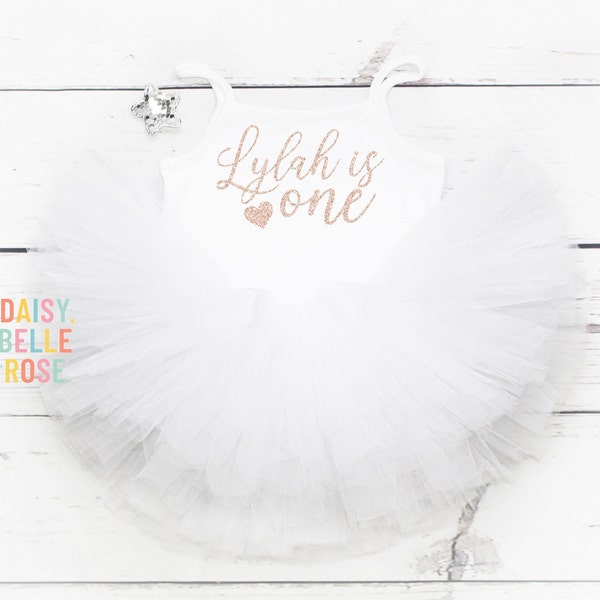 Personalised Baby Girls 1st Birthday Outfit, White Tutu Outfit, 1st Birthday, One, Cake Smash Girl, White & Rose Gold, First Birthday Gift