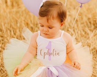 Personalised First Birthday Outfit, Pastel Rainbow Tutu, Cake Smash