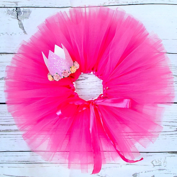 Bright Pink Tutu Skirt for Girls Birthday Outfit for Cake Smash Accessories Pink Crown Birthday Girl Party Hat Hot Pink Birthday Outfit