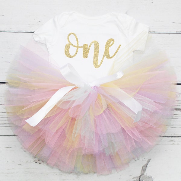 Girls First Birthday Outfit, 1st Birthday Outfit, Pastel Tutu Outfit, Baby Girls Outfit, One, ONE, Cake Smash, Pastel Rainbow Tutu Outfit