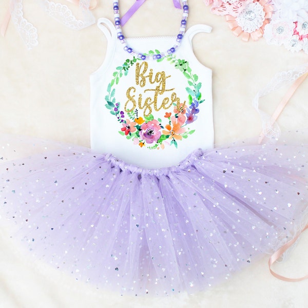 Big Sister Tutu Outfit, Lilac Sparkly Tutu Skirt, Gift for Big Sister, Baby Shower Gift, Big Sis Birthday Present, Purple Tutu Skirt, Girls