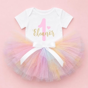 Personalised Baby Girl 1st Birthday Outfit, Pastel Rainbow Tutu, Cake Smash Outfit, Rainbow Tutu Skirt for First Birthday Party