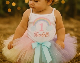 Personalized Rainbow 1st Birthday Outfit, Pastel Tutu, Organic Cotton Bodysuit