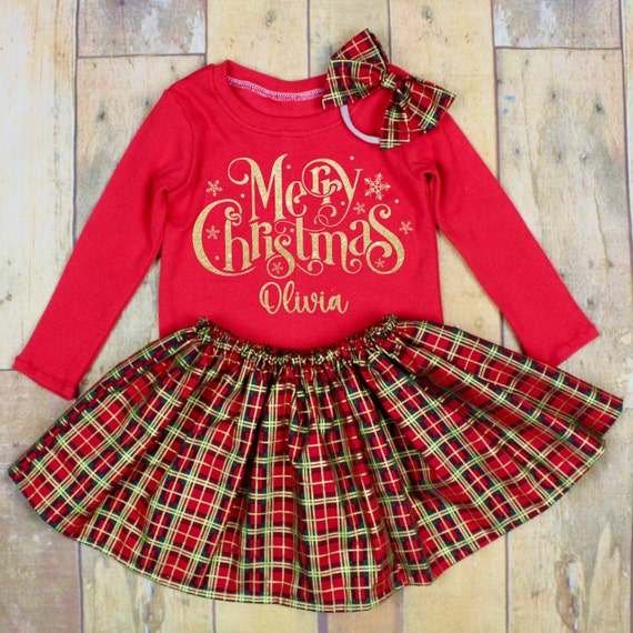 Personalised Girls Red Tartan Christmas Outfit Long Sleeve Top Skirt Headband Bundle Red and Gold Etsy UK