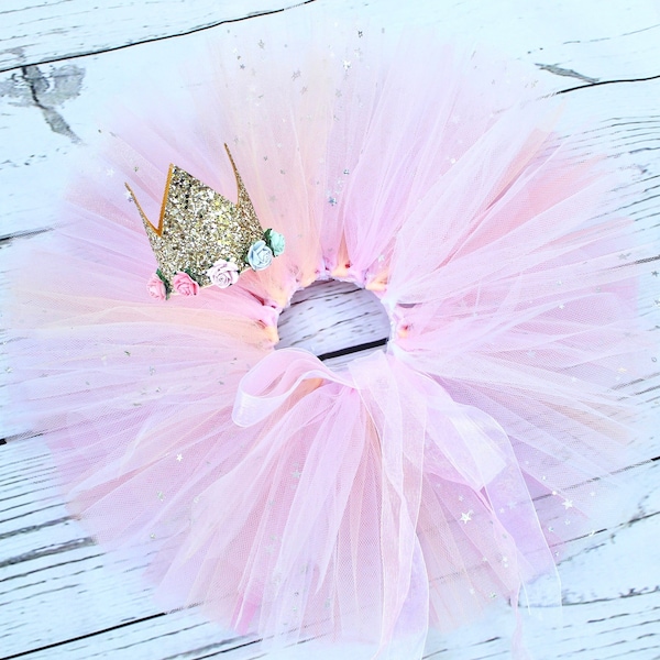 Princess Tutu Skirt Pink Sparkly Tutus for Girls Birthday Outfit for Cake Smash Accessories Gold Crown Birthday Girl Party Hat