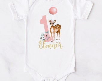 Baby Girls 1st Birthday Bodysuit, Personalised Girls Top, Pink & Gold, Woodland Deer Print, Girls Birthday Shirt, 100% Cotton