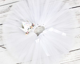 White Tutu Skirt Tutus for Girls Birthday Outfit White Cake Smash Accessories White & Pink Sparkly Crown Birthday Girl Party Hat