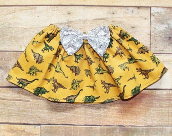Girls Dinosaur Skirt With Bow Baby Girls Skirt Party Skirt Birthday Skirt Girls Dino Party Theme Gift for Girls Who Love Dinosaurs
