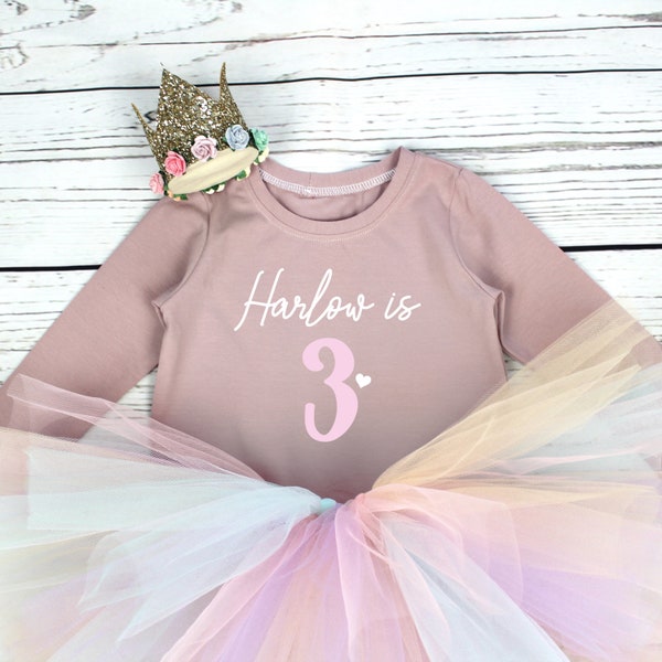 Personalised Girls 3rd Birthday Tutu Outfit, Pastel Rainbow Tutu, Mauve Top with Silver Glitter Crown Party Hat, Birthday Girl Outfit, Three