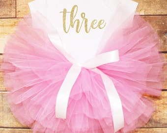 Girls 3rd Birthday Outfit Pink Tutu Set With Three Print in Gold Glitter Party Outfit for Third Birthday Girl Gifts for 3 Year Olds Pink