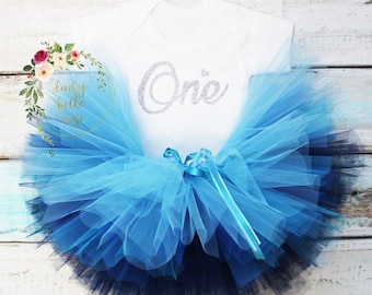 Baby Girls 1st Birthday Outfit, Blue Tutu Outfit, 1st Birthday, One, Cake Smash, Blue & Silver, Cake Smash Girl, First Birthday Gift