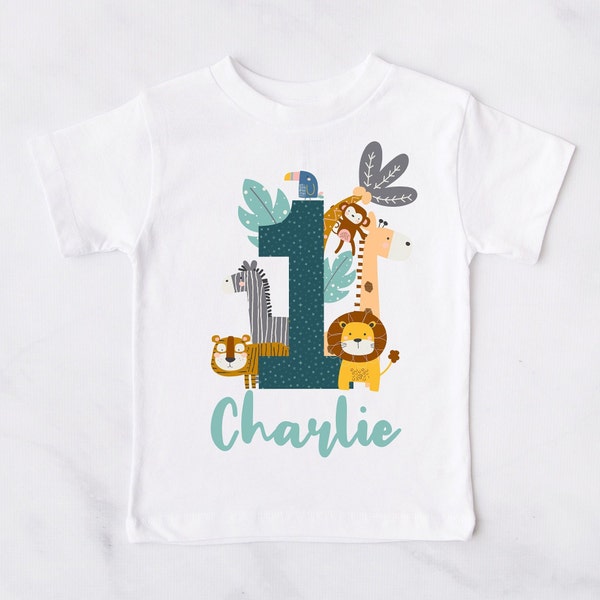 Personalised Boys First Birthday Jungle Birthday T-Shirt, Boys Birthday T-Shirt, 1st Birthday, ONE, Lion Tiger Monkey, Birthday Boy