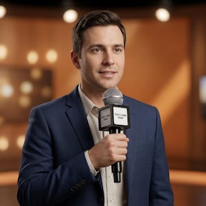 May include: A handheld microphone featuring a square black flag with white panels on the sides. The white panels display the black text Your Logo Here. The microphone has a silver mesh grille and a black handle, held in a professional setting.