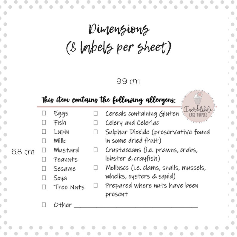 Large Personalised Allergen Labels For Cake Makers Single | Etsy