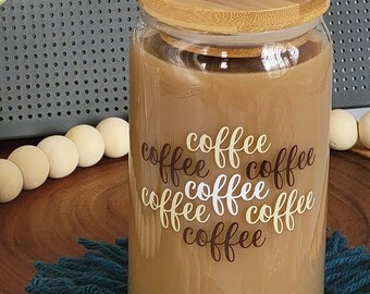 Coffee Coffee Coffee Iced Coffee Cup, Cold Brew Tumbler, Glass Beer Can, Coffee Mason Jar, Soda Can with Bamboo Lid & Reusable Straw