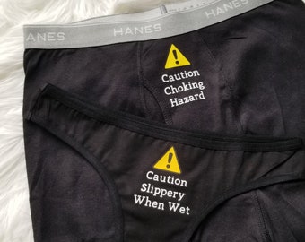 Matching Couples Underwear, Caution Slippery When Wet, Caution Choking Hazard, His & Hers, Second Cotton Anniversary Gift, Novelty Gag Gift