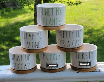 Funny Succulent Pots, Small Flower Pot With Bamboo Drip Tray, Cute Cactus Planter, Punny Indoor Pot, Unique White Ceramic Pot With Drainage