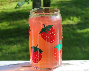 Strawberry Glass Cup, Summer Fruit Lemonade Can, Strawberries Iced Coffee Cup, Travel Tumbler Mason Jar, Glass Beer Can Bamboo Lid and Straw