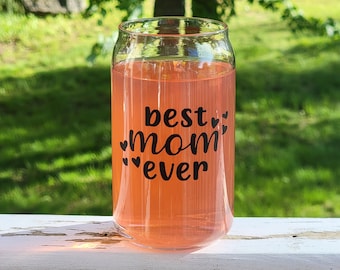 Best Mom Ever Iced Coffee Cup, Mother's Day Gift, Appreciation Gift, Glass Beer Can, Cute Coffee Mug with Bamboo Lid and Reusable Straw