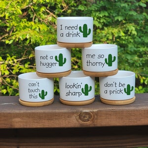 Funny Cactus Succulent Pots, Small Plant Pot With Tray - Cute Cactus Planter- Housewarming Gift - Punny Succulent Pots
