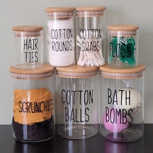 Bathroom Storage Jars, Custom Labeled Canisters, Airtight Wash Room Accessories, Over Toilet Storage and Organization, Clear Glass Container