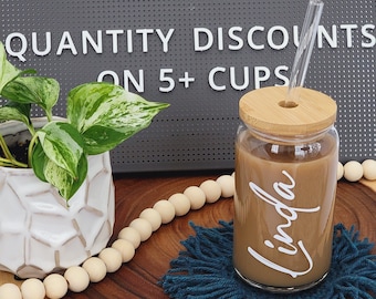 Personalized Glass Tumbler, Customized Iced Coffee Cup, Bridesmaid Proposal Gift, Coffee Mug with Name, Glass Can with Bamboo Lid and Straw