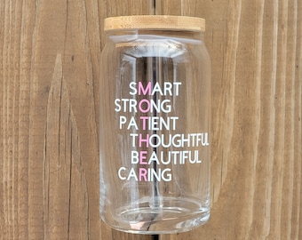 Mother Acronym Glass Cup - Mother's Day Cup - Mother Crossword Coffee Mug - Glass Beer Can - Iced Coffee Cup - Glass Soda Can Lid & Straw