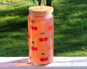 Cherries Iced Coffee Cup, Cute Fruit Glass Cup, Summer Lemonade Drinkware, Cold Brew Coffee Mug, Glass Beer Can, Tumbler with Lid and Straw
