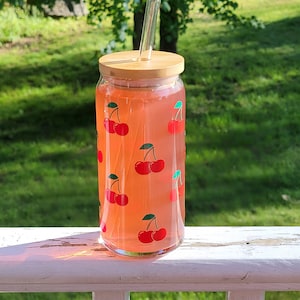Cherries Iced Coffee Cup, Cute Fruit Glass Cup, Summer Lemonade Drinkware, Cold Brew Coffee Mug, Glass Beer Can, Tumbler with Lid and Straw