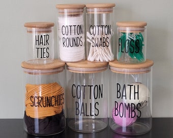 Bathroom Storage Jars, Custom Labeled Canisters, Airtight Wash Room Accessories, Over Toilet Storage and Organization, Clear Glass Container