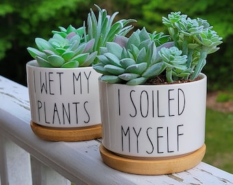 2 Pack Funny Succulent Planters, I Soiled Myself & I Wet My Plants, Small Pot With Drainage Tray, Cute Cactus Pots, Punny Housewarming Gift