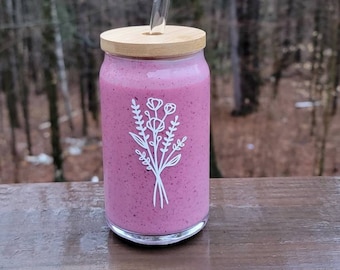 Wildflower Glass Can, Dainty Floral Coffee Mug, Cold Brew Tumbler, Iced Coffee Cup, Mason Jar, Glass Soda or Beer Can With Lid & Straw