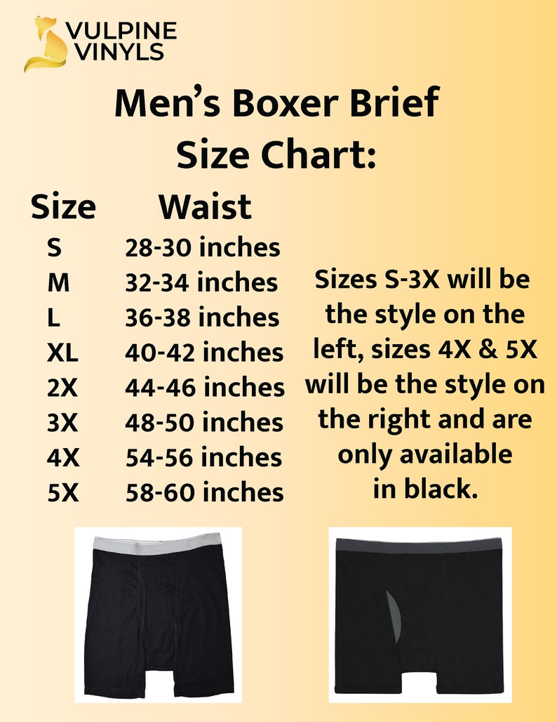 Men's size chart showing sizes S through 5X.