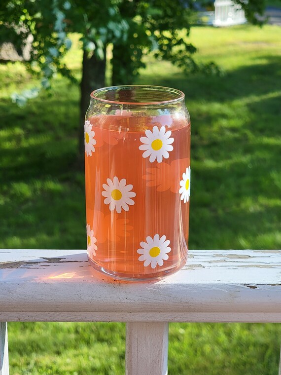 Daisy Aesthetic Cups, Iced Coffee Cup, Cute Glass Cup with Lid & Straw  Orange