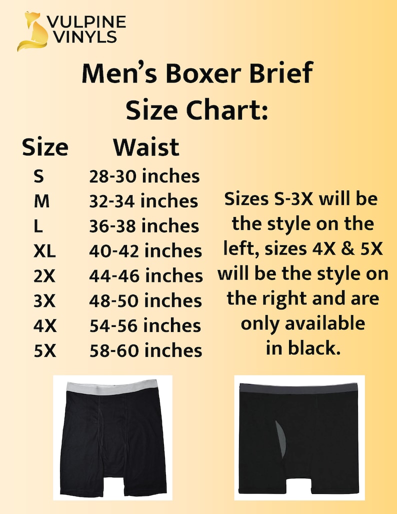 Men's size chart showing sizes S through 5X.