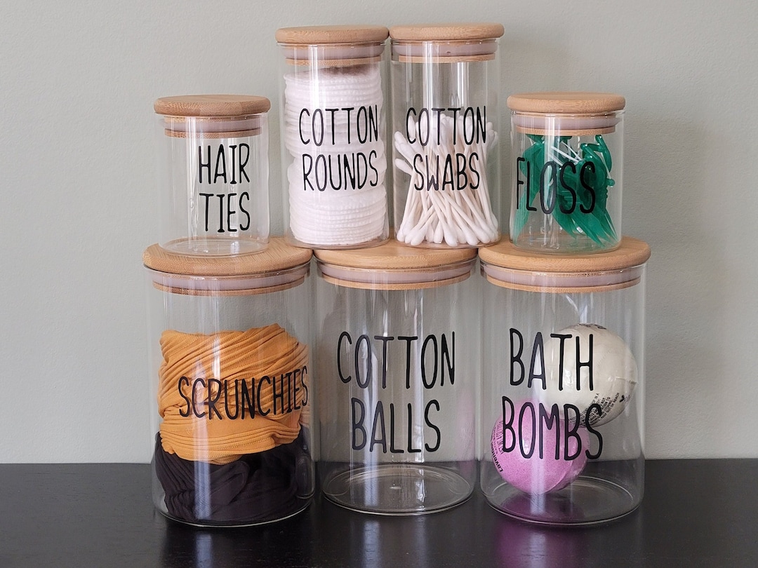Bathroom Storage Jars Labeled Glass Containers Cotton Swab Holder