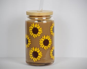 Sunflowers Iced Coffee Cup, Cute Summer Floral Drinkware, Cottagecore Cold Brew Mug, Glass Beer Can, Lemonade Tumbler with Lid and Straw